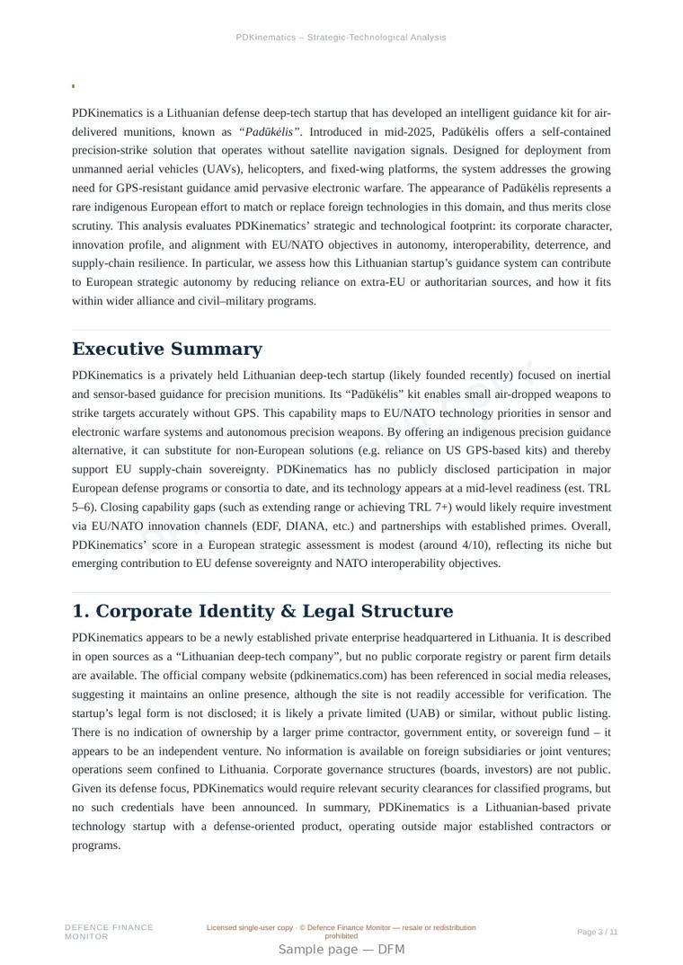 Sample page from “PDKinematics — defence company” — 12-page report