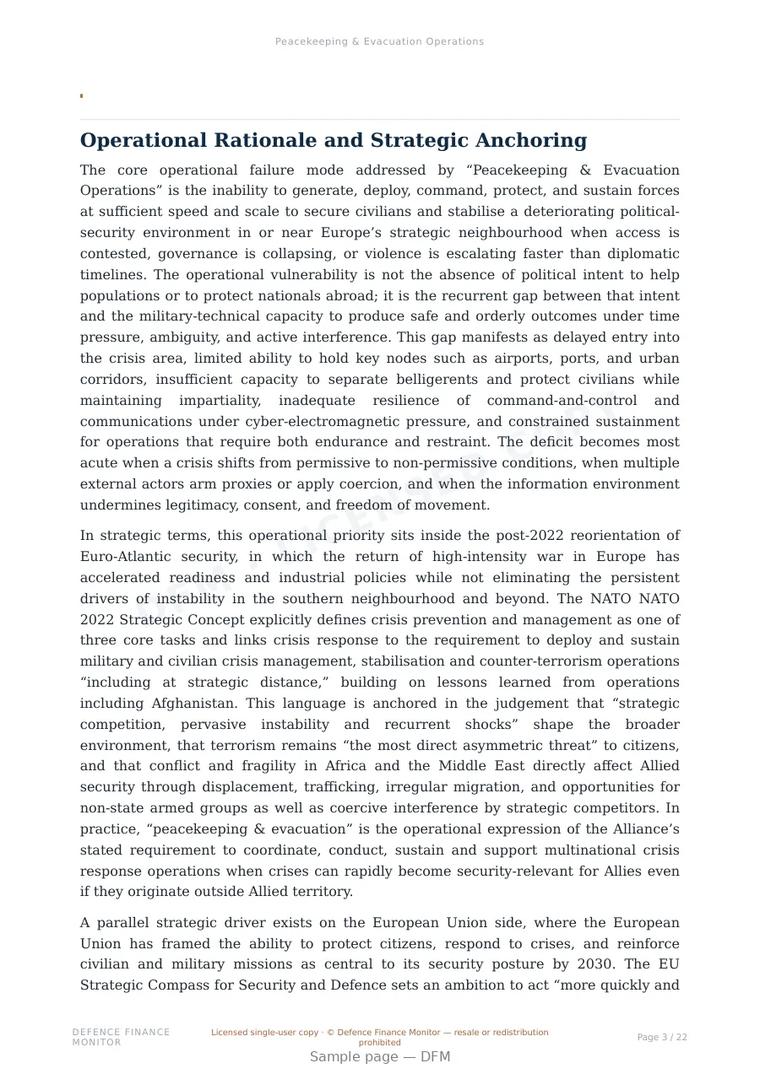 Sample page from “Peacekeeping & Evacuation Operations” — 23-page report