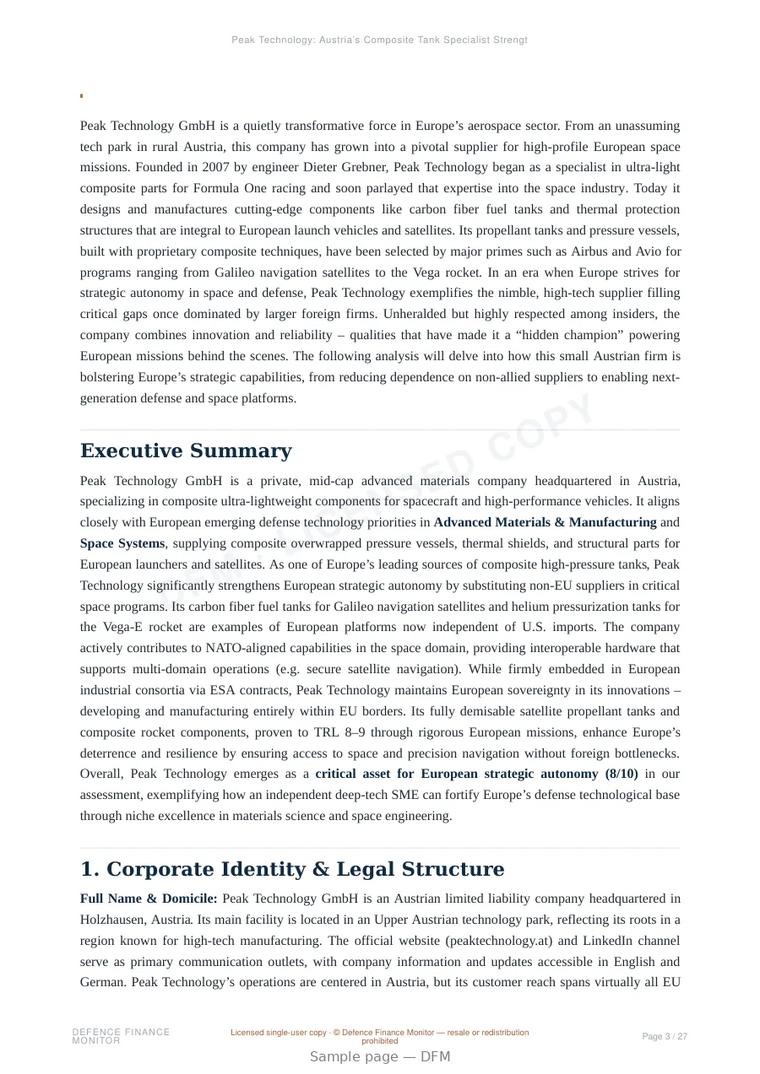 Sample page from “Peak Technology: Austria’s Composite Tank Specialist Strengthening Europe’s Space and Defense Autonomy” — 28-page report