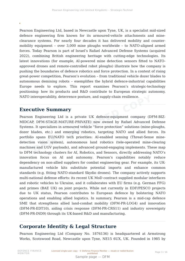 Sample page from “Pearson Engineering Ltd — United Kingdom land platforms company” — 17-page report