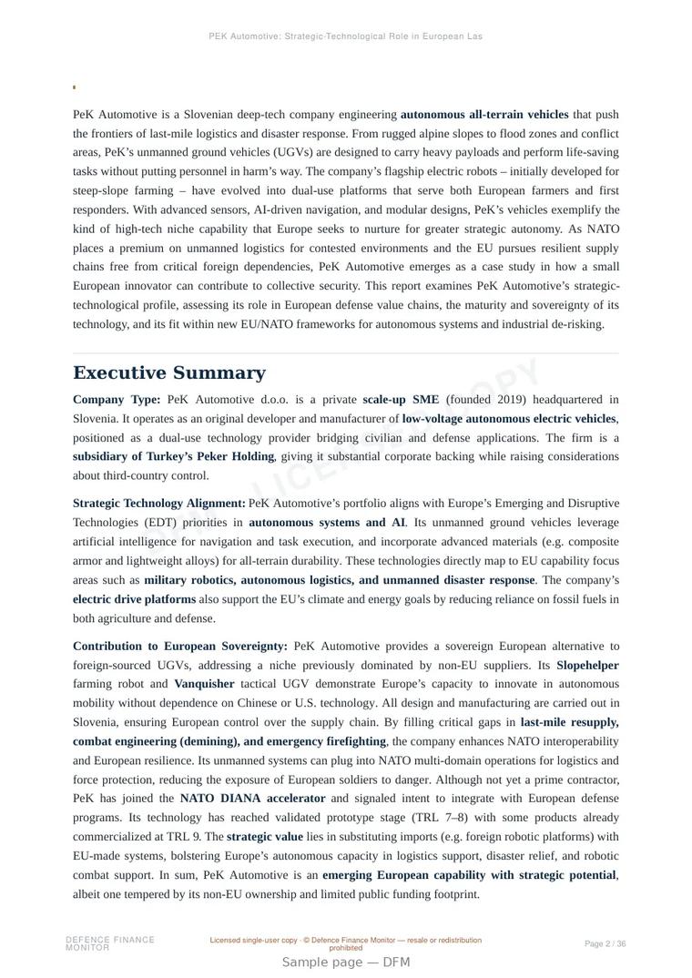 Sample page from “PEK Automotive: Strategic-Technological Role in European Last-Mile Defense Logistics and Civil Protection Mobility” — 37-page report