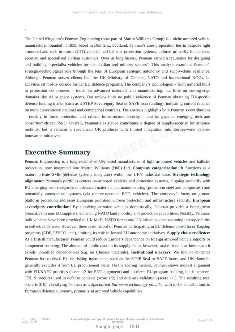 Sample page from “Penman Engineering — United Kingdom land platforms company” — 16-page report