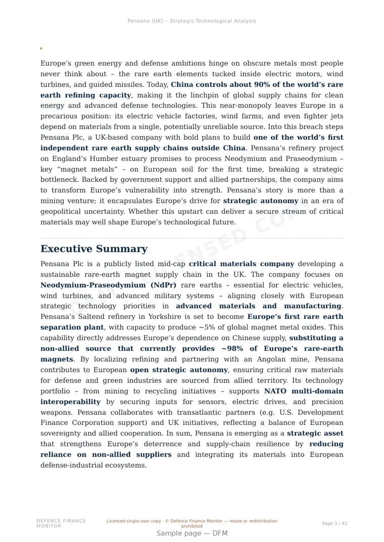 Sample page from “Pensana — United Kingdom defence company” — 43-page report