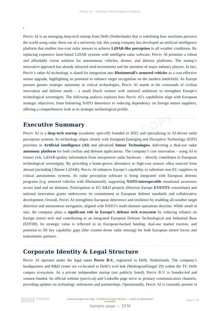 Sample page from “Perciv AI — Netherlands radar systems company” — 24-page report