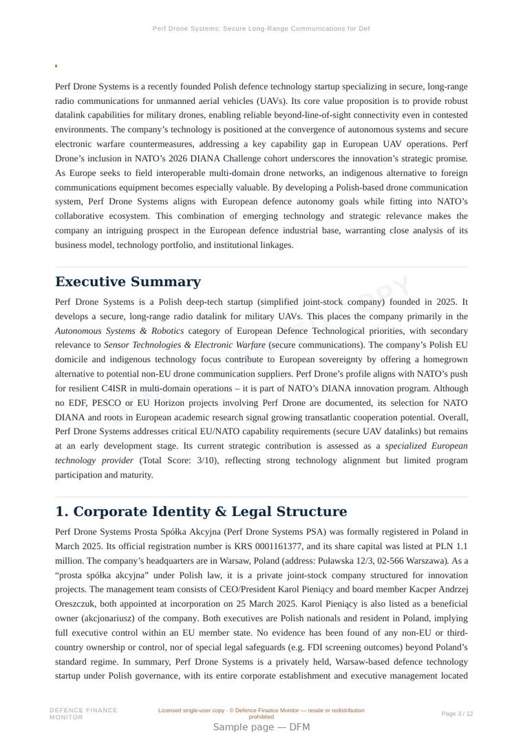 Sample page from “Perf Drone Systems: Secure Long-Range Communications for Defence UAVs” — 13-page report