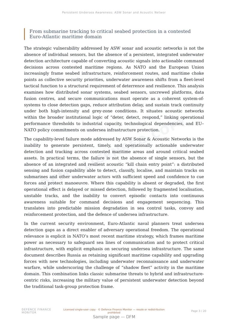 Sample page from “Persistent Undersea Awareness: ASW Sonar and Acoustic Networks as a Strategic Infrastructure Layer” — 21-page report