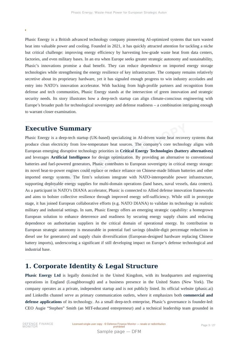 Sample page from “Phasic Energy: Waste-Heat Power for European Strategic Autonomy” — 28-page report