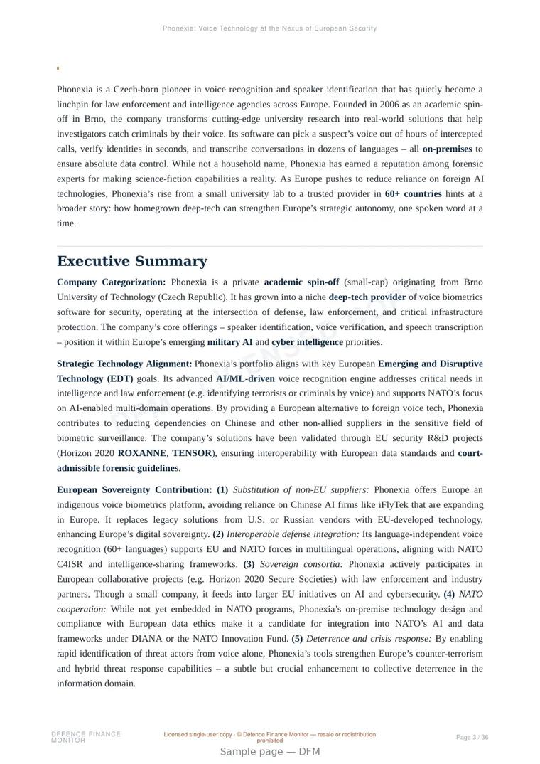 Sample page from “Phonexia: Voice Technology at the Nexus of European Security and Autonomy” — 37-page report
