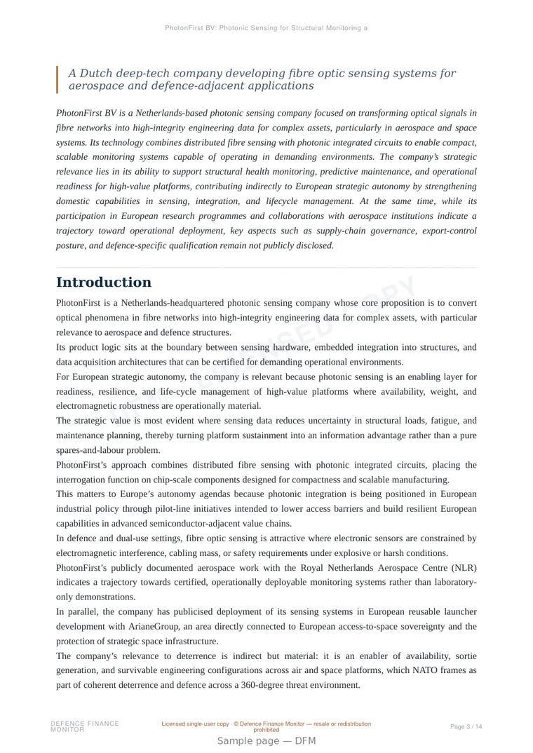 Sample page from “PhotonFirst BV: Photonic Sensing for Structural Monitoring and European Aerospace Readiness” — 15-page report