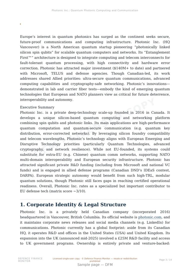 Sample page from “Photonic Inc.: Quantum Photonic Computing and Communication” — 15-page report