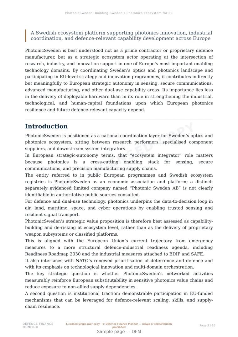 Sample page from “PhotonicSweden: Building Sweden’s Photonics Ecosystem for European Strategic Autonomy” — 17-page report