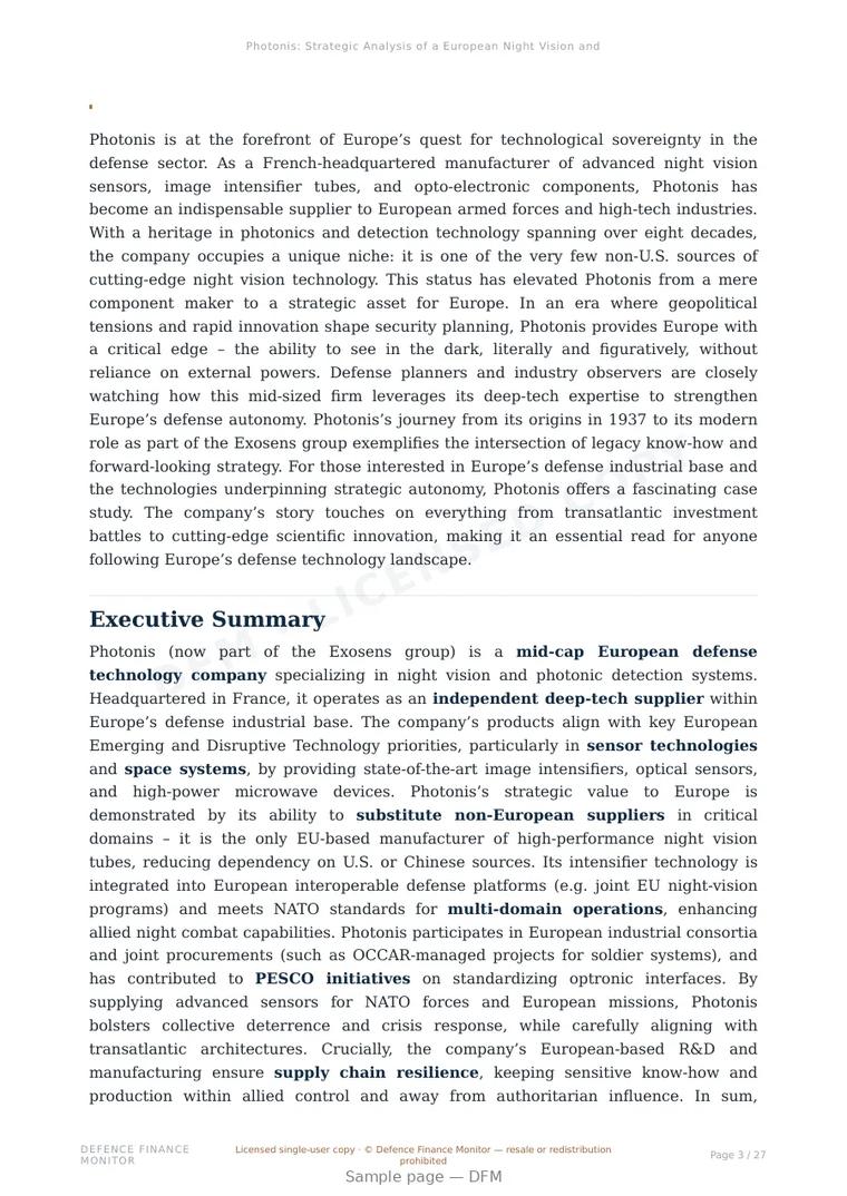 Sample page from “Photonis: Strategic Analysis of a European Night Vision and Detection Technology Supplier” — 28-page report