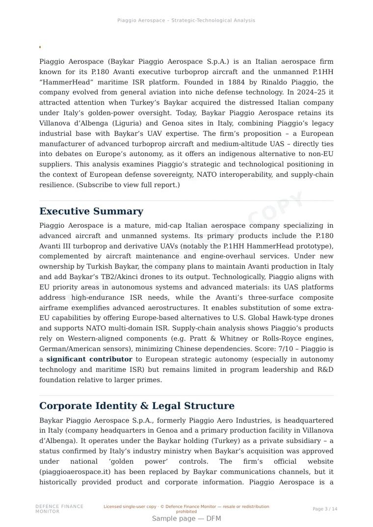 Sample page from “Piaggio Aerospace (Baykar Piaggio Aerospace S.p.A.) — Italy air platforms company” — 15-page report