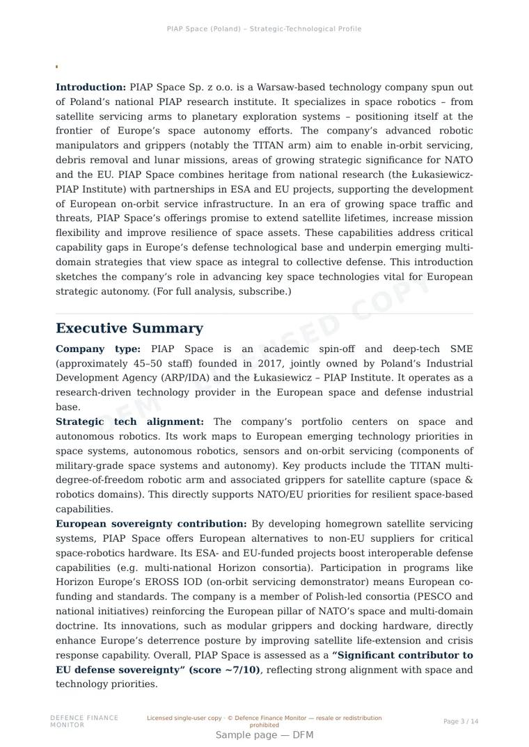Sample page from “PIAP Space (Poland) – Strategic-Technological Profile” — 15-page report