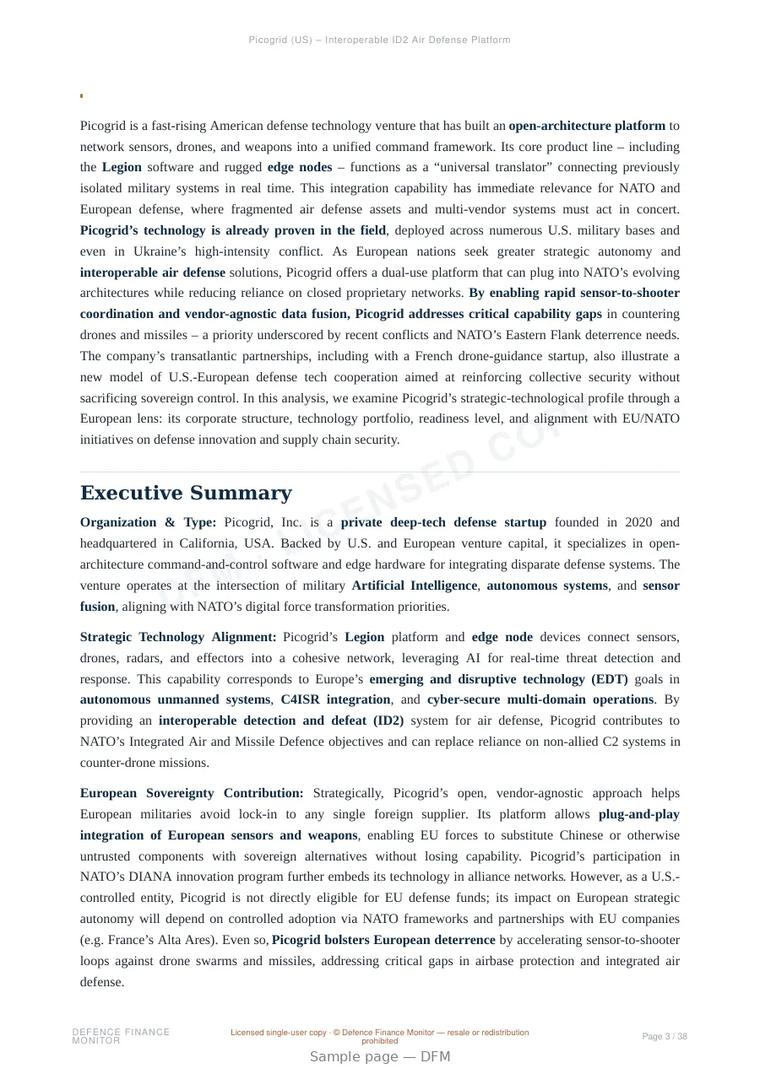 Sample page from “Picogrid (US) – Interoperable ID2 Air Defense Platform” — 39-page report