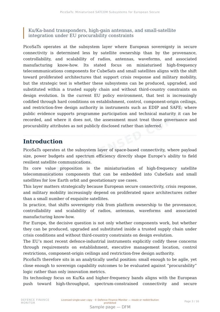 Sample page from “PicoSaTs: Miniaturised SATCOM Subsystems for European Secure Connectivity and Defence Readiness” — 17-page report
