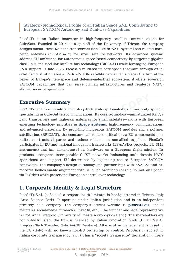 Sample page from “PicoSaTs – Modular Antennas and High-Frequency Communication Systems for CubeSats” — 13-page report
