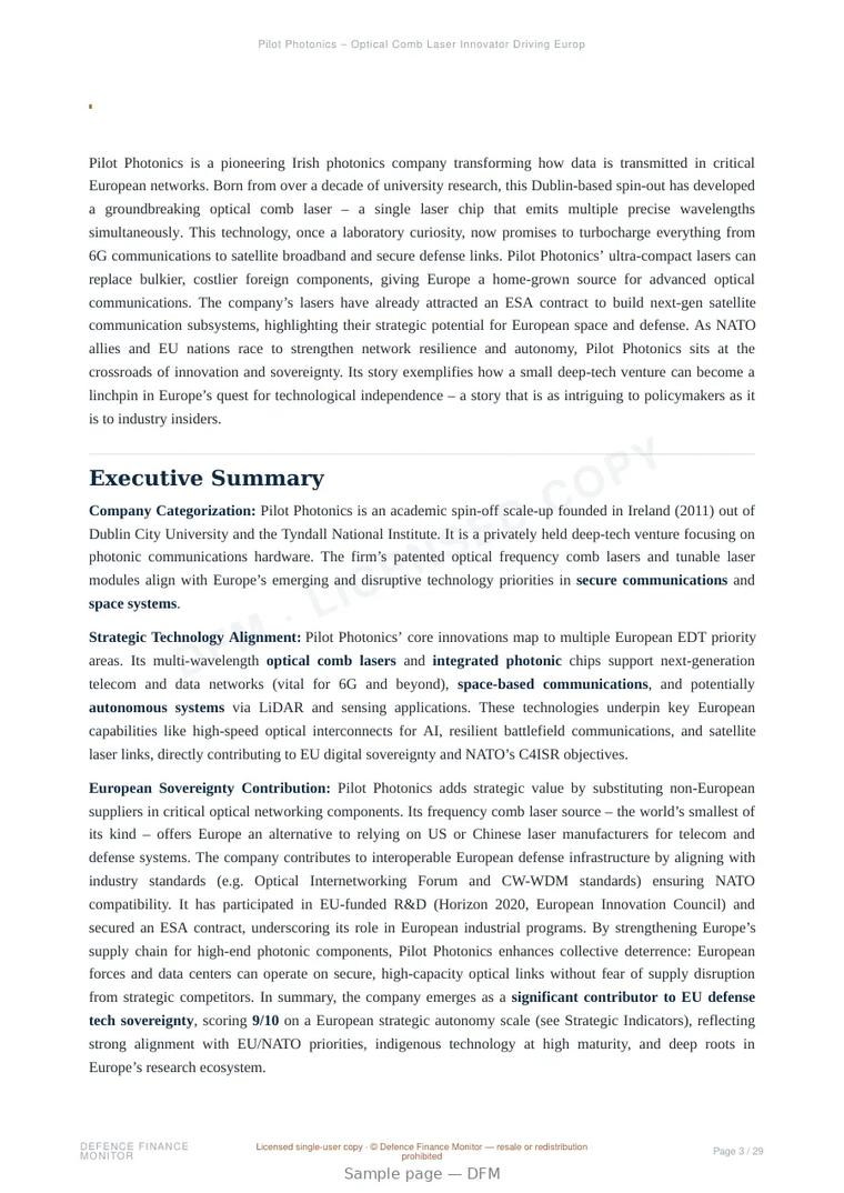 Sample page from “Pilot Photonics – Optical Comb Laser Innovator Driving European 6G and Defense Connectivity” — 30-page report