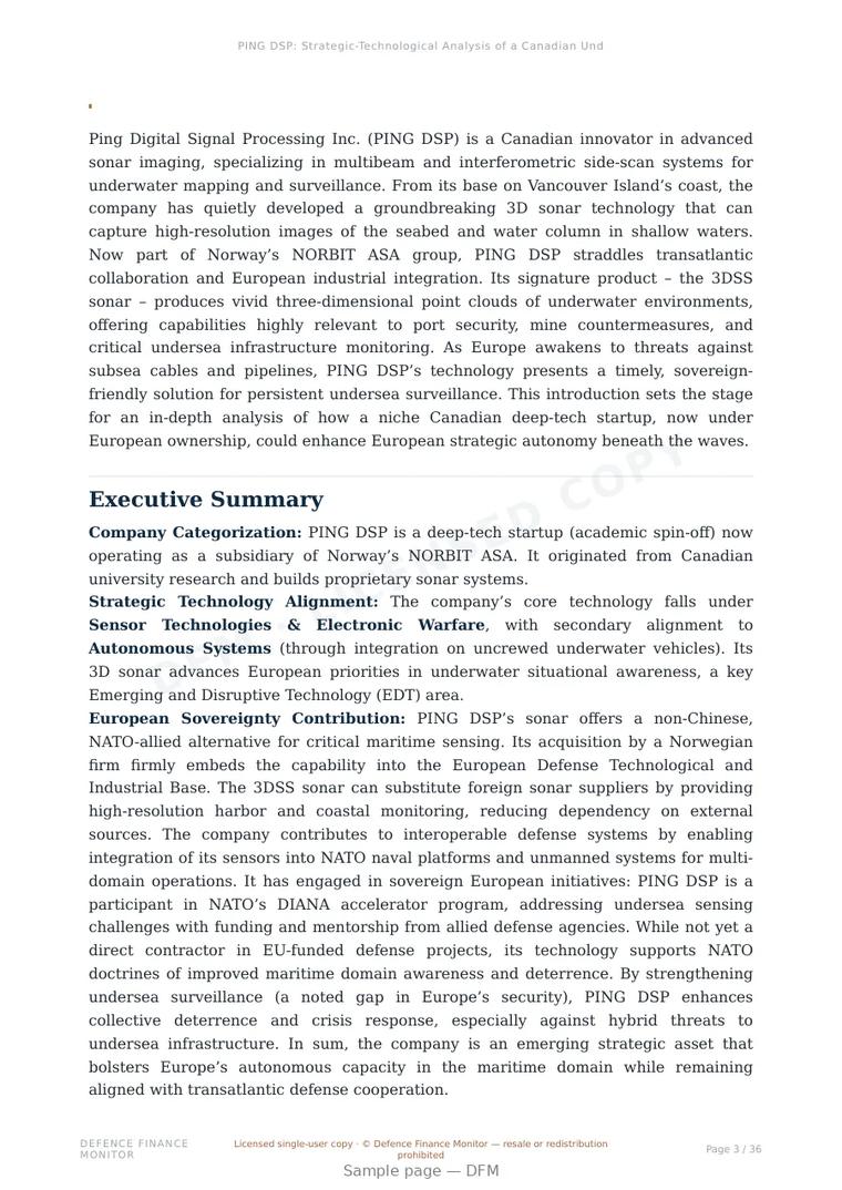 Sample page from “Ping Digital Signal Processing Inc. (PING DSP) — Canada sonar systems company” — 37-page report