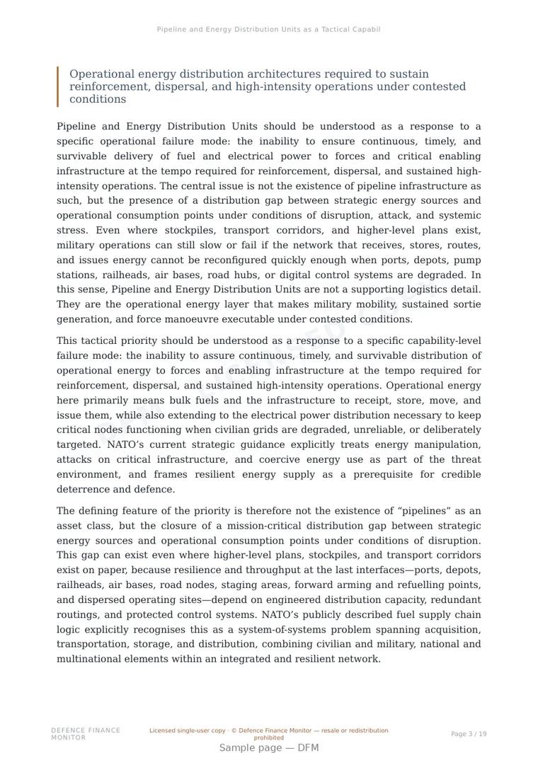 Sample page from “Pipeline and Energy Distribution Units as a Tactical Capability Priority for Strategic Logistics and Military Mobility” — 20-page report