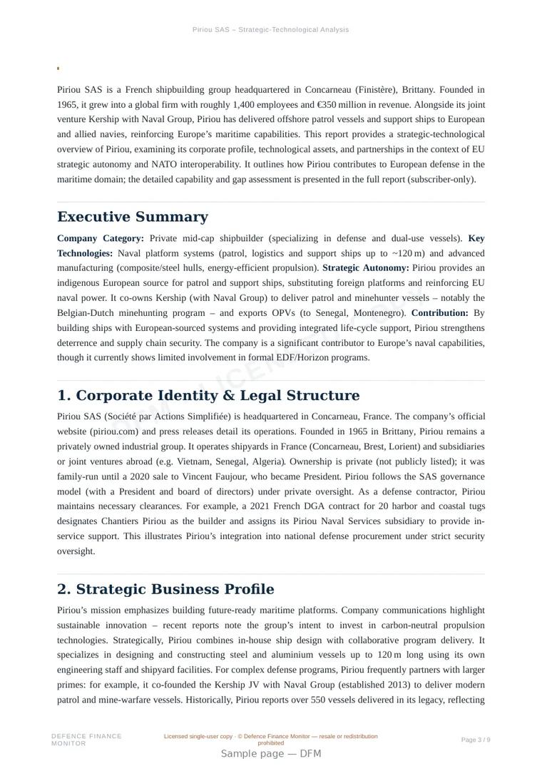 Sample page from “Piriou SAS — defence company” — 10-page report