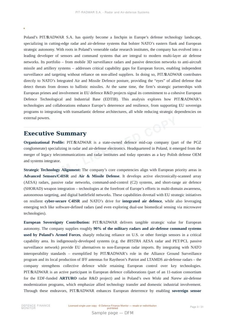 Sample page from “PIT‑RADWAR S.A. - Radar and Air-defense Systems” — 32-page report