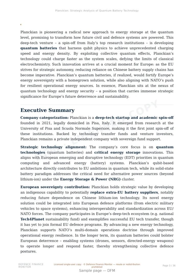 Sample page from “Planckian: Strategic Analysis of Quantum Battery Technology in European Defense” — 37-page report