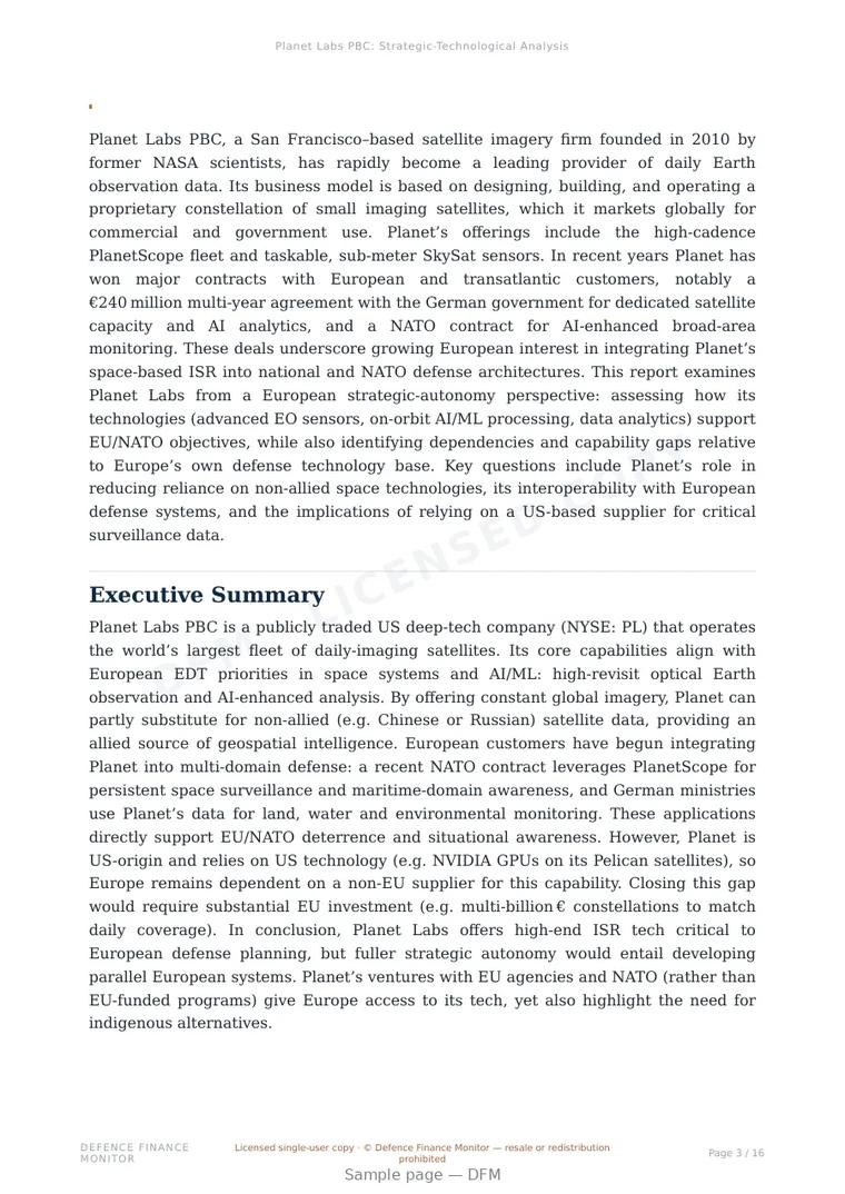 Sample page from “Planet Labs PBC — United States space-based isr company” — 17-page report