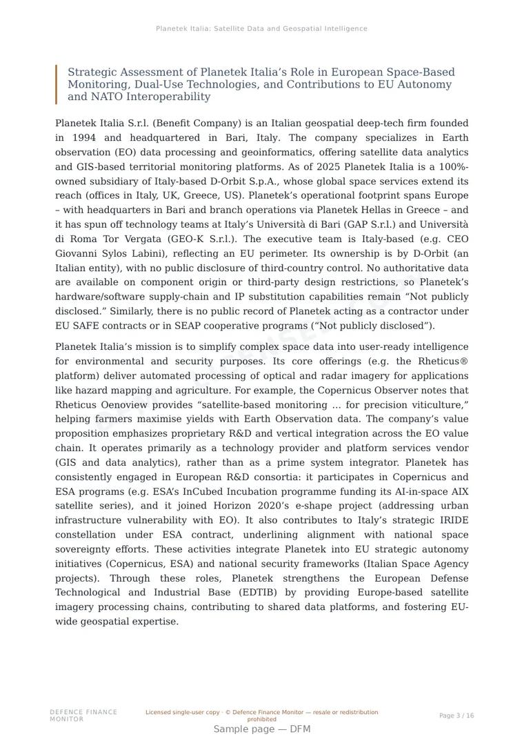 Sample page from “Planetek Italia: Satellite Data and Geospatial Intelligence Capabilities” — 17-page report