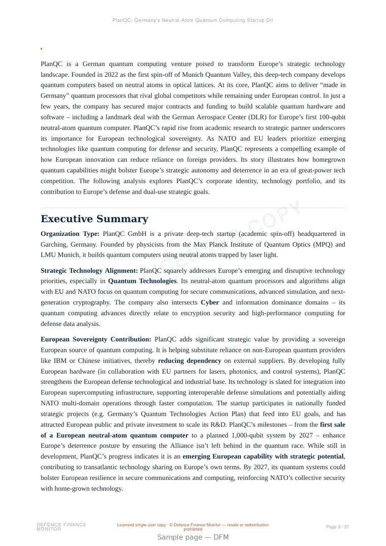 Sample page from “PlanQC: Germany’s Neutral-Atom Quantum Computing Startup Driving European Tech Sovereignty” — 38-page report