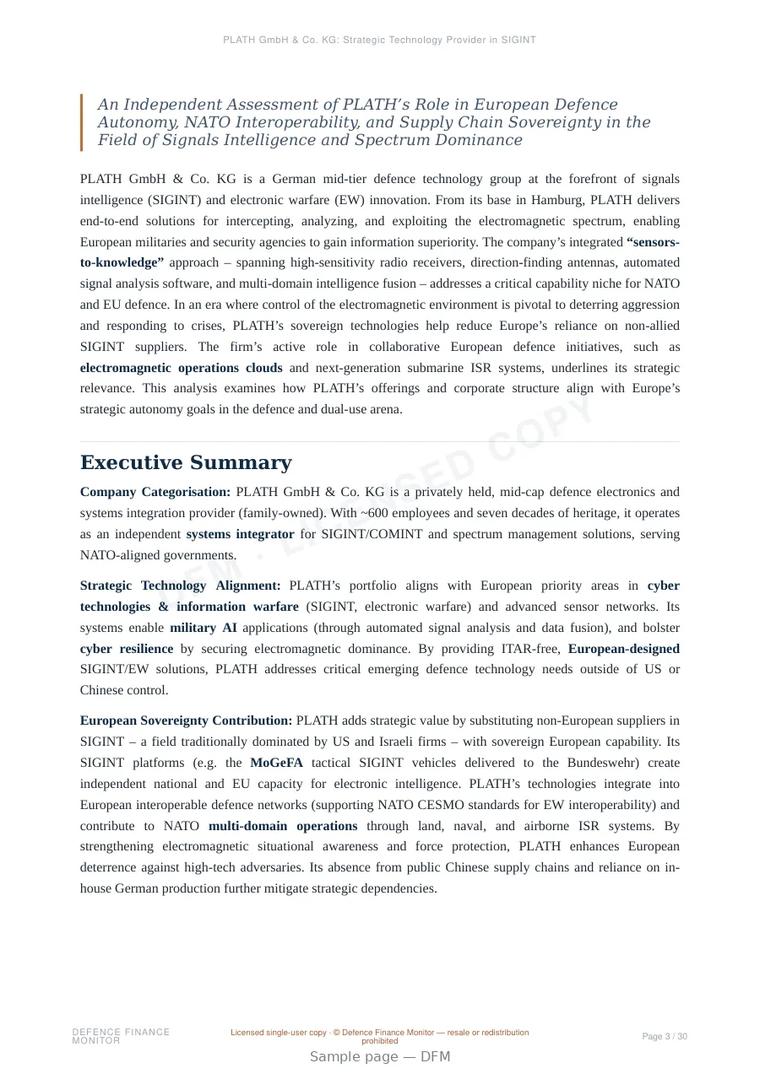 Sample page from “PLATH GmbH & Co. KG: Strategic Technology Provider in SIGINT and Electromagnetic Operations” — 31-page report