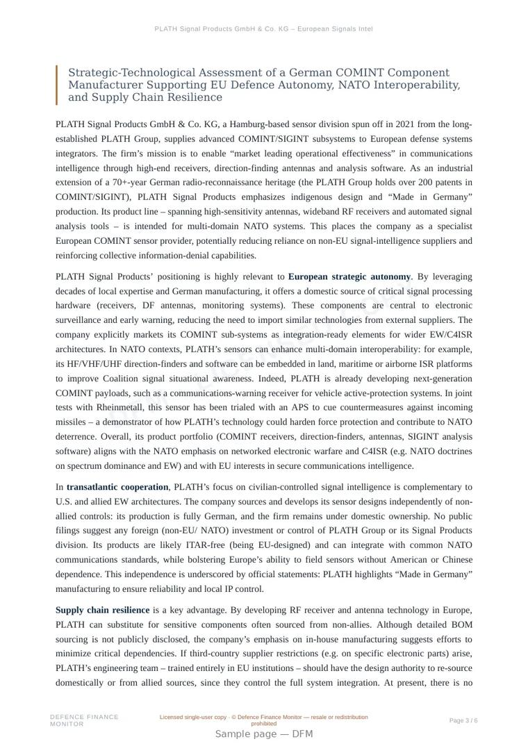 Sample page from “PLATH Signal Products GmbH & Co. KG – European Signals Intelligence Systems Supplier” — 7-page report
