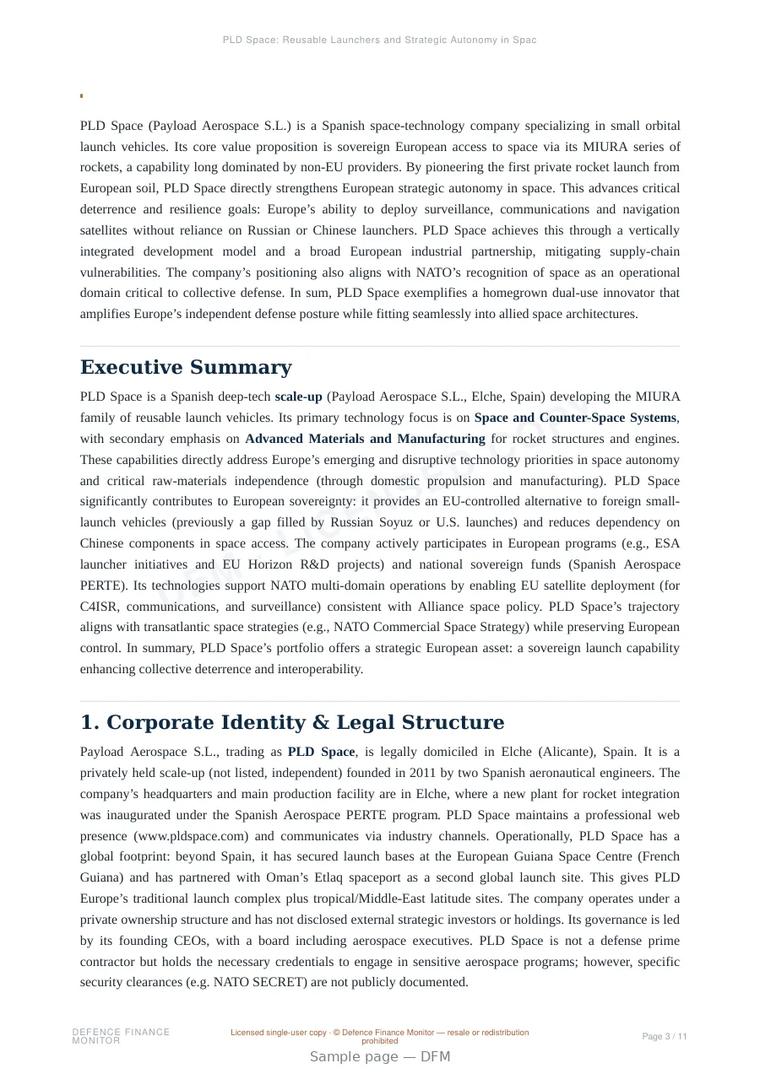 Sample page from “PLD Space: Reusable Launchers and Strategic Autonomy in Space” — 12-page report