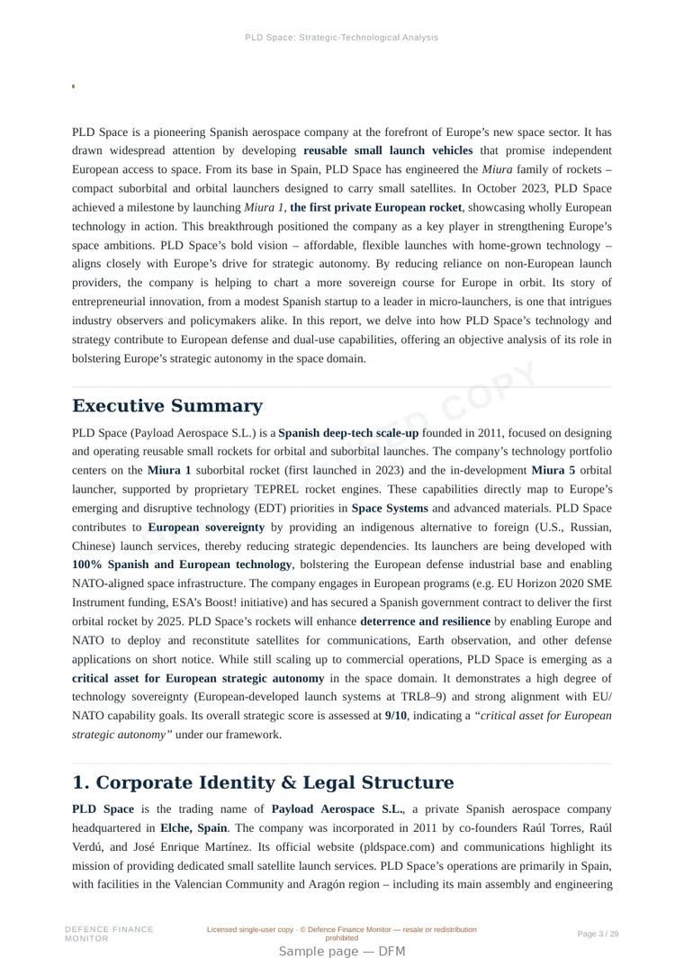 Sample page from “PLD Space — space company” — 30-page report