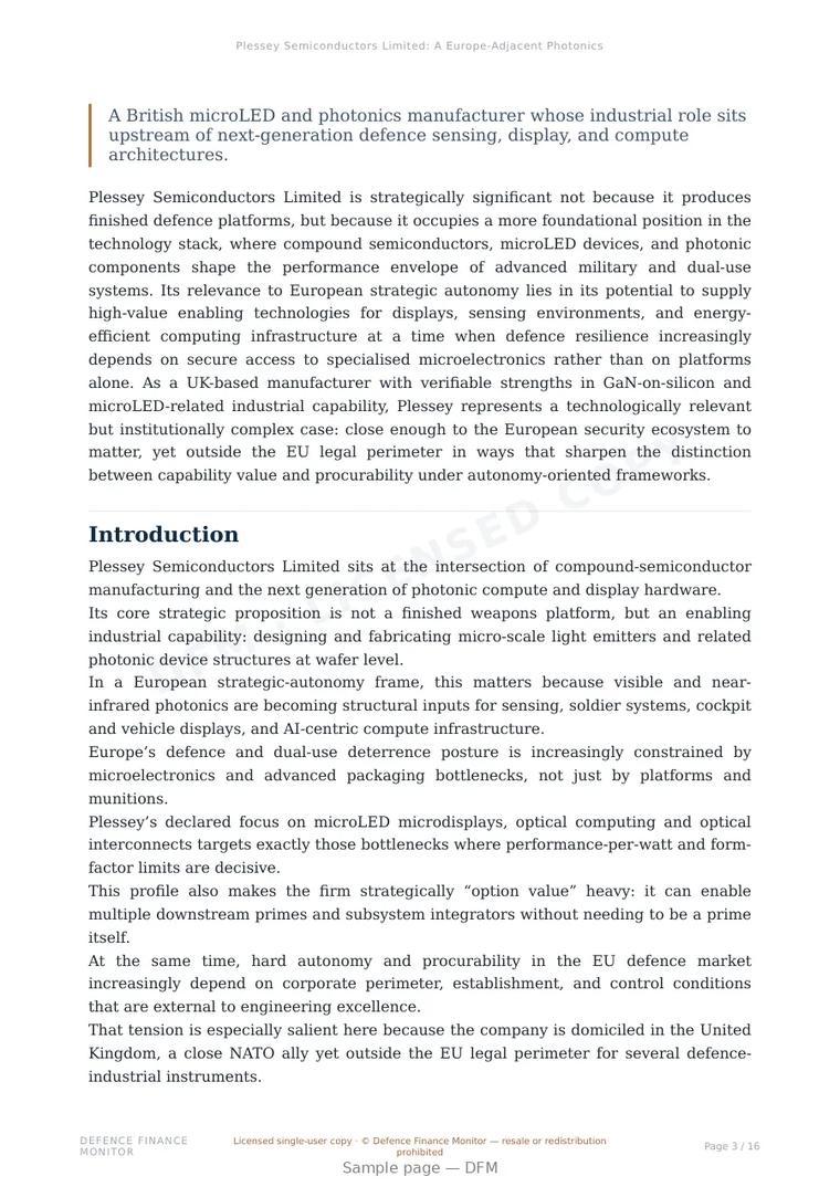 Sample page from “Plessey Semiconductors Limited: A Europe-Adjacent Photonics and Compound-Semiconductor Capability with Strategic Relevance for Sovereign Defence Electronics” — 17-page report