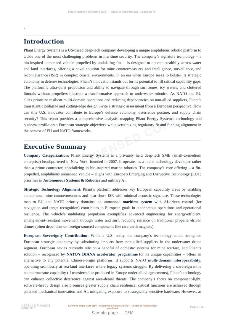 Sample page from “Pliant Energy Systems (US) – Stealth Amphibious Robotics for Complex Littoral Mine Countermeasures” — 29-page report