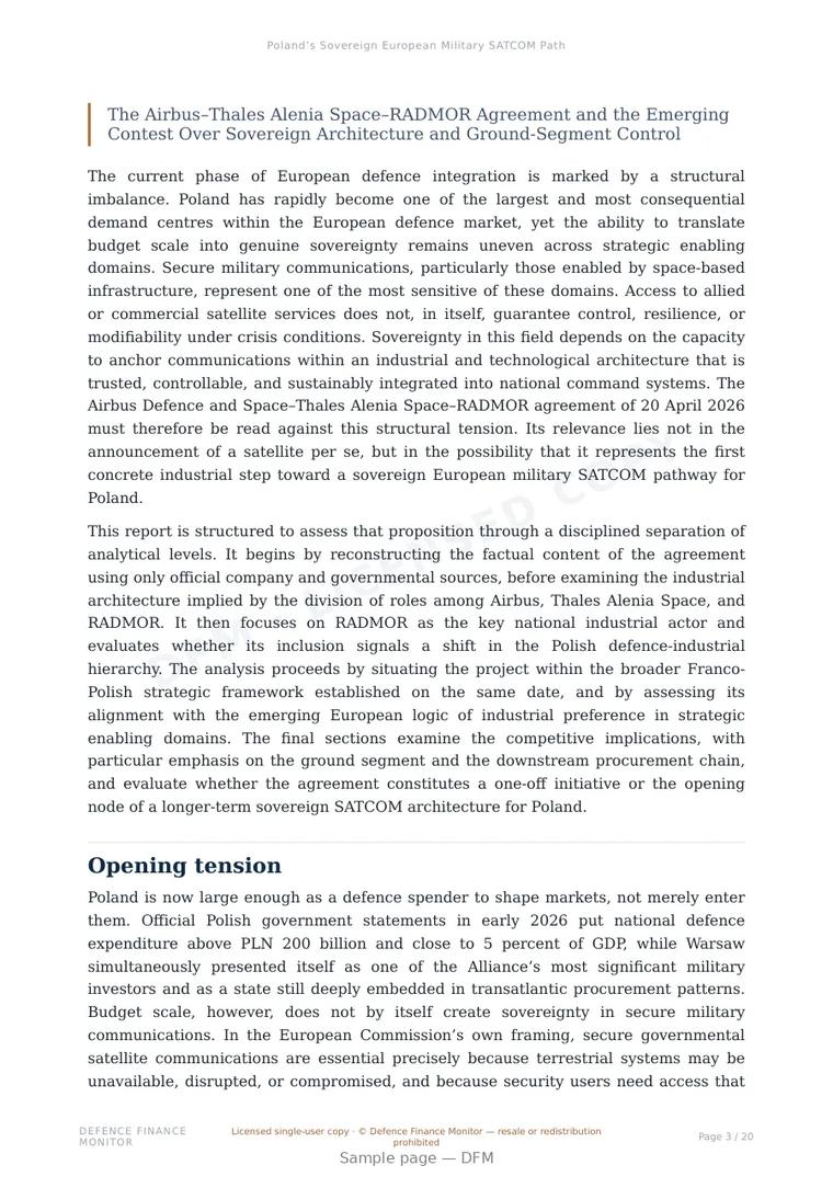 Sample page from “Poland’s Sovereign European Military SATCOM Path” — 21-page report