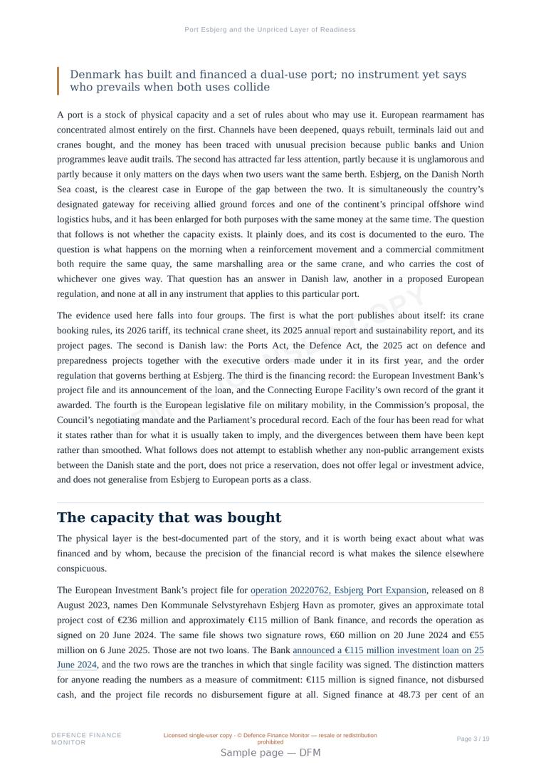 Sample page from “Port Esbjerg and the Unpriced Layer of Readiness” — 20-page report