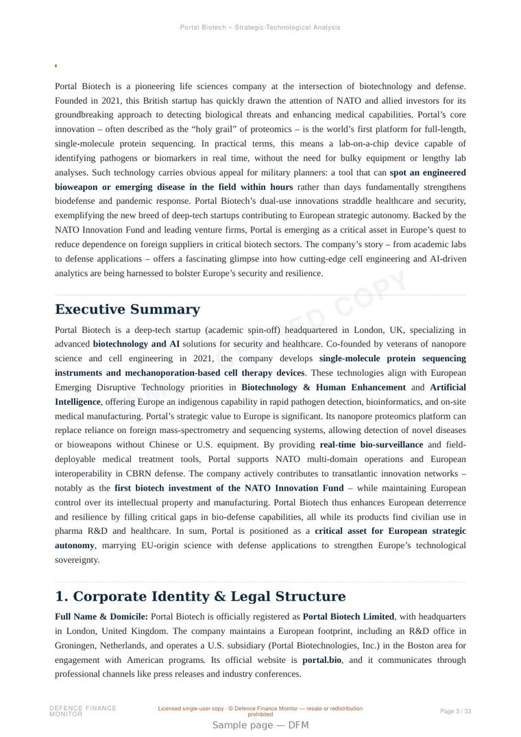 Sample page from “Portal Biotech — United Kingdom bio detection company” — 34-page report