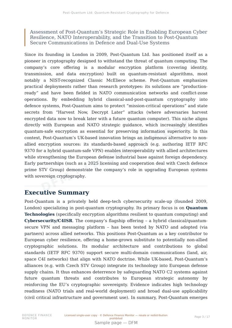 Sample page from “Post-Quantum Ltd: Quantum-Resistant Cryptography for Defence and Security” — 18-page report