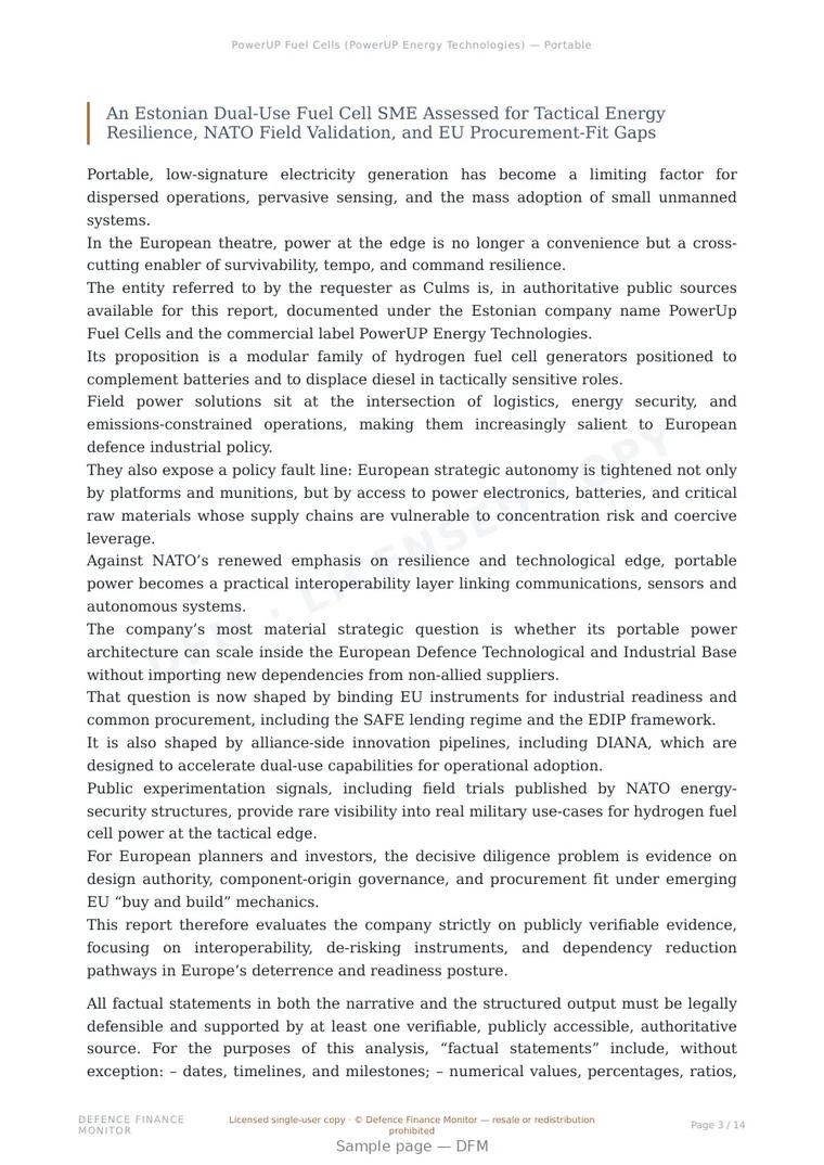 Sample page from “PowerUP Fuel Cells (PowerUP Energy Technologies) — Portable Hydrogen Field Power for European Strategic Autonomy” — 15-page report