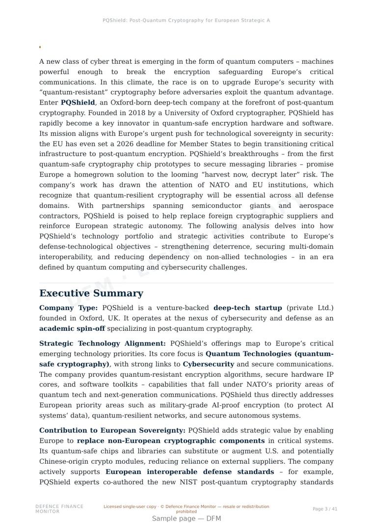 Sample page from “PQShield: Post-Quantum Cryptography for European Strategic Autonomy” — 42-page report