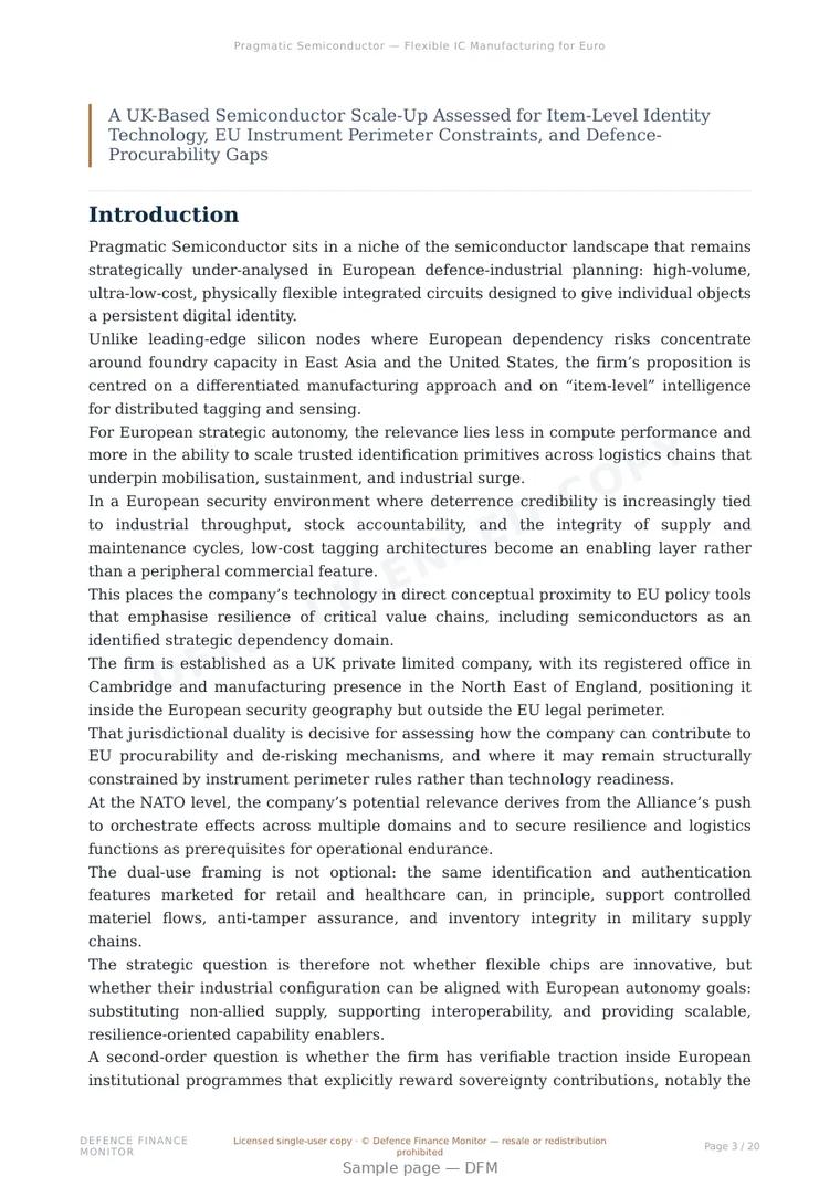 Sample page from “Pragmatic Semiconductor — Flexible IC Manufacturing for European Logistics Resilience” — 21-page report