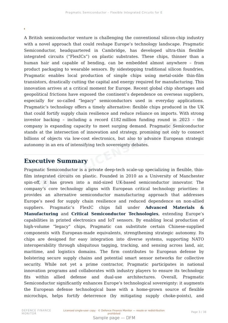 Sample page from “Pragmatic Semiconductor – Flexible Integrated Circuits for European Supply Chain Resilience” — 39-page report
