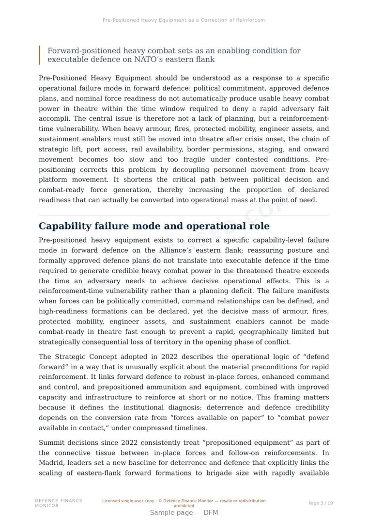 Sample page from “Pre-Positioned Heavy Equipment as a Correction of Reinforcement-Time Vulnerability” — 20-page report