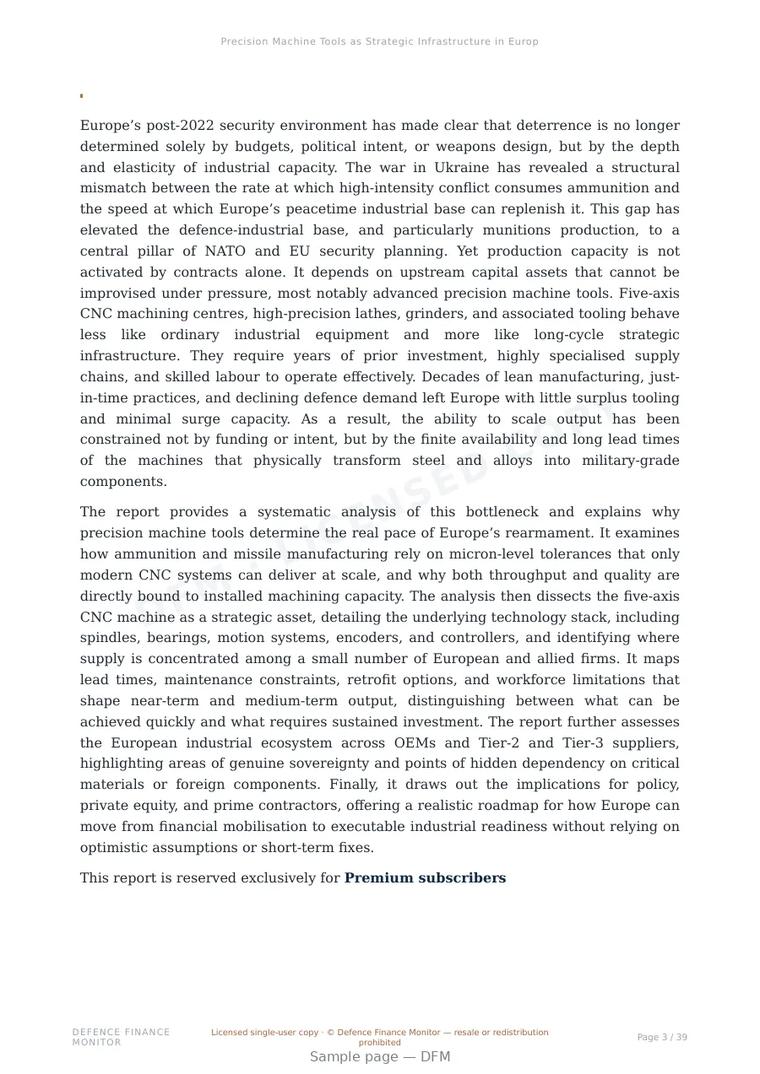 Sample page from “Precision Machine Tools as Strategic Infrastructure in Europe’s Defence Re-Armament” — 40-page report
