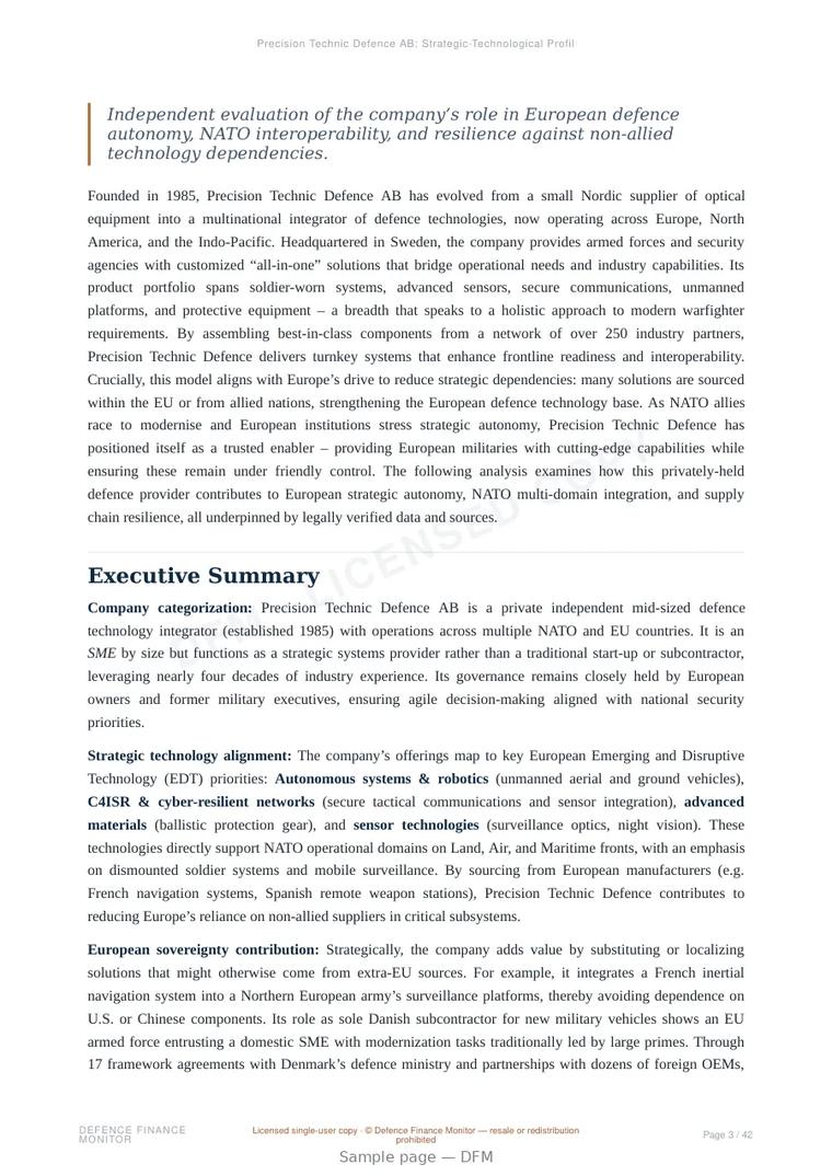 Sample page from “Precision Technic Defence AB: Strategic-Technological Profile” — 43-page report
