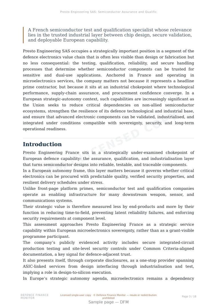 Sample page from “Presto Engineering SAS: Semiconductor Assurance and Qualification as a Strategic Lever in Europe’s Defence Electronics Base” — 19-page report
