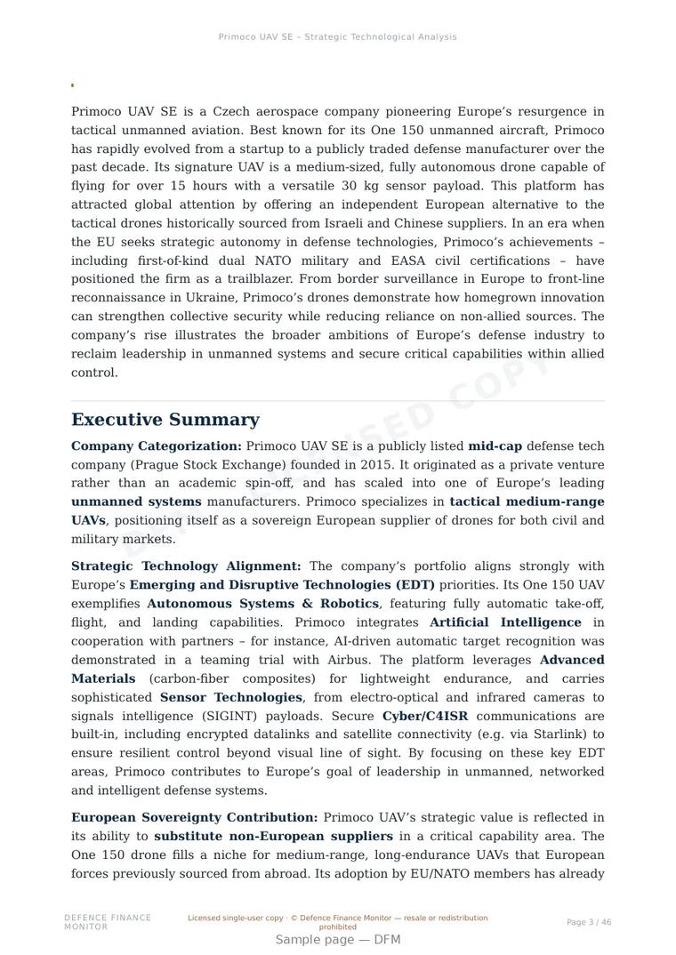 Sample page from “Primoco UAV SE – Strategic Technological Analysis” — 47-page report