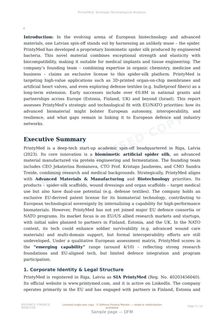 Sample page from “PrintyMed — Latvia synthetic biology company” — 15-page report
